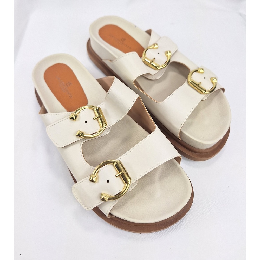 La Conquista Ivory Double Buckle Platform Slide Sandals Womens 10 Made in Brazil
